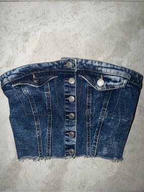 Denim Button-Front Tube Top - Dark Blue